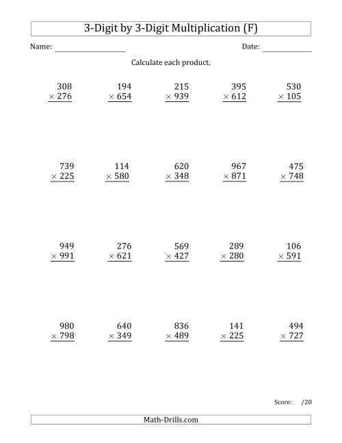 The Multiplying 3-Digit by 3-Digit Numbers with Comma-Separated Thousands (F) Math Worksheet
