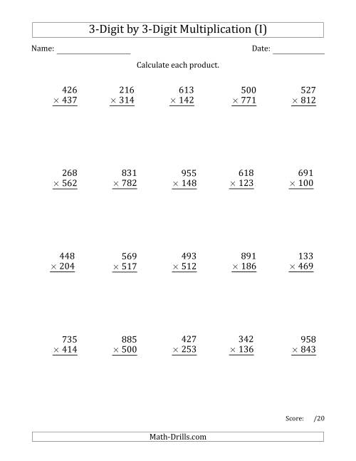 The Multiplying 3-Digit by 3-Digit Numbers with Comma-Separated Thousands (I) Math Worksheet