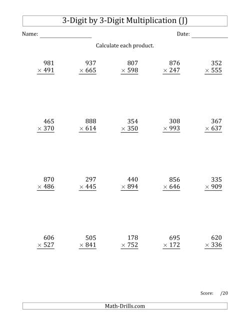 The Multiplying 3-Digit by 3-Digit Numbers with Comma-Separated Thousands (J) Math Worksheet
