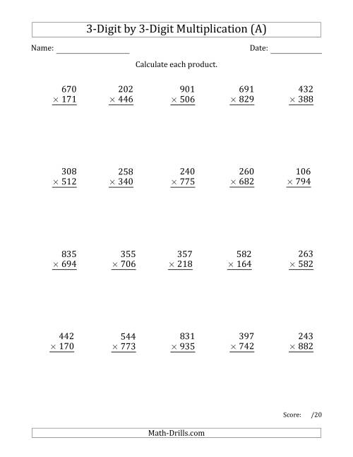The Multiplying 3-Digit by 3-Digit Numbers with Comma-Separated Thousands (All) Math Worksheet