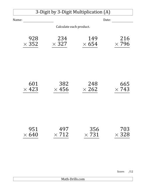 The Multiplying 3-Digit by 3-Digit Numbers (Large Print) with Comma-Separated Thousands (A) Math Worksheet