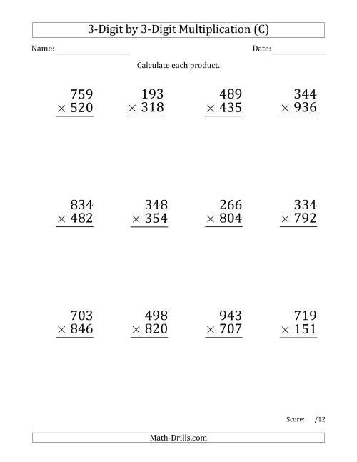 The Multiplying 3-Digit by 3-Digit Numbers (Large Print) with Comma-Separated Thousands (C) Math Worksheet