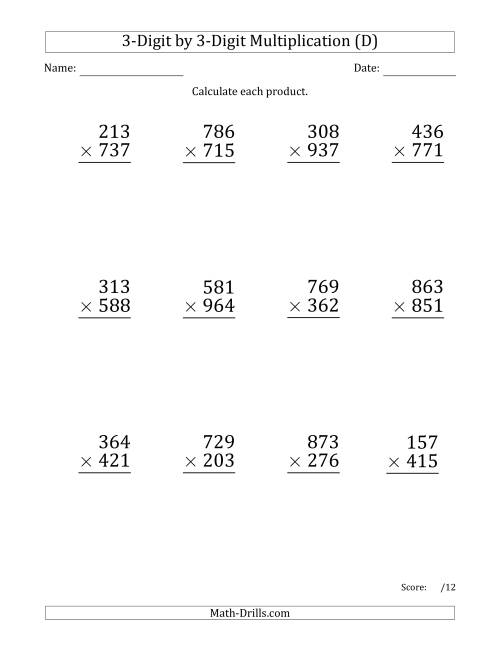 The Multiplying 3-Digit by 3-Digit Numbers (Large Print) with Comma-Separated Thousands (D) Math Worksheet