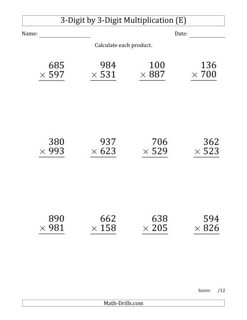 The Multiplying 3-Digit by 3-Digit Numbers (Large Print) with Comma-Separated Thousands (E) Math Worksheet
