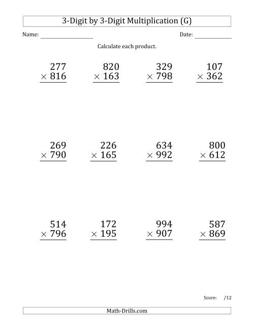 The Multiplying 3-Digit by 3-Digit Numbers (Large Print) with Comma-Separated Thousands (G) Math Worksheet