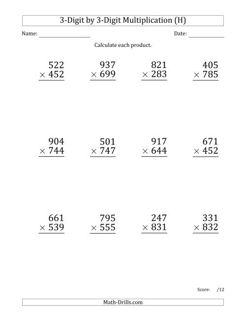 The Multiplying 3-Digit by 3-Digit Numbers (Large Print) with Comma-Separated Thousands (H) Math Worksheet
