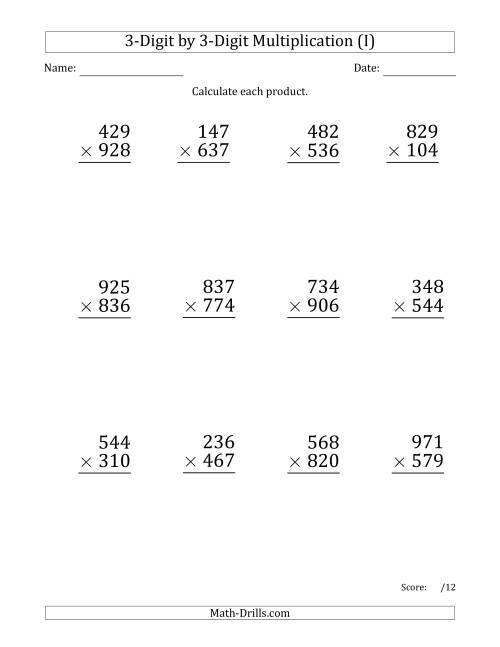 The Multiplying 3-Digit by 3-Digit Numbers (Large Print) with Comma-Separated Thousands (I) Math Worksheet