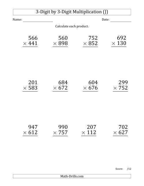 The Multiplying 3-Digit by 3-Digit Numbers (Large Print) with Comma-Separated Thousands (J) Math Worksheet