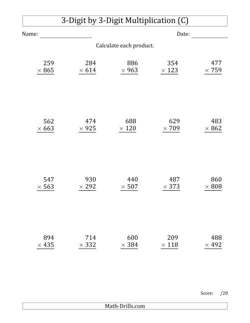 The Multiplying 3-Digit by 3-Digit Numbers with Space-Separated Thousands (C) Math Worksheet