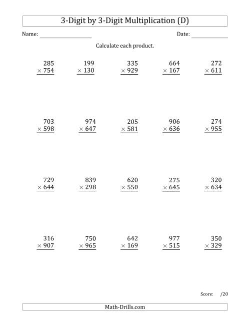The Multiplying 3-Digit by 3-Digit Numbers with Space-Separated Thousands (D) Math Worksheet