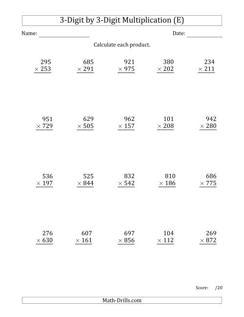 The Multiplying 3-Digit by 3-Digit Numbers with Space-Separated Thousands (E) Math Worksheet