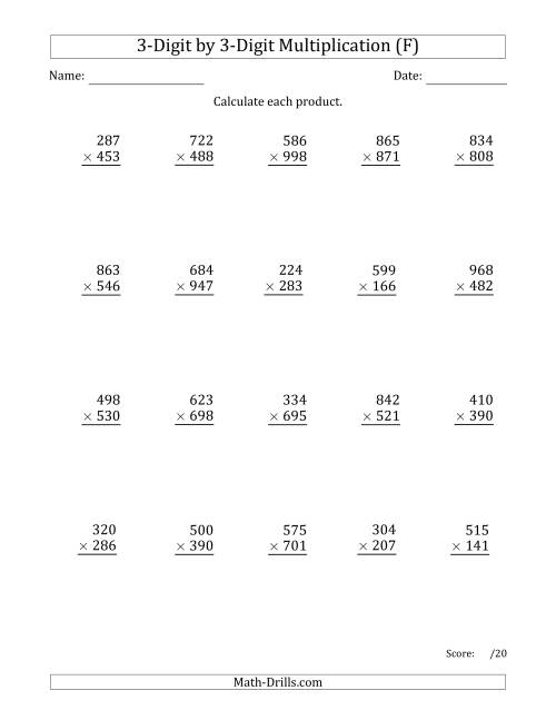The Multiplying 3-Digit by 3-Digit Numbers with Space-Separated Thousands (F) Math Worksheet