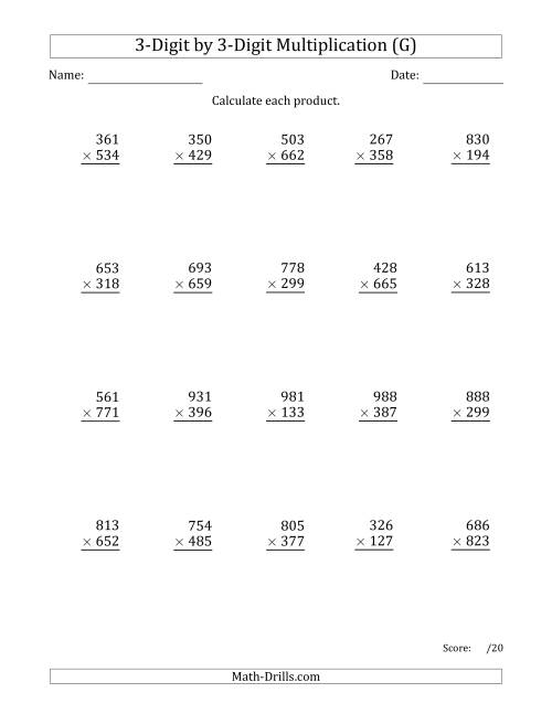 The Multiplying 3-Digit by 3-Digit Numbers with Space-Separated Thousands (G) Math Worksheet