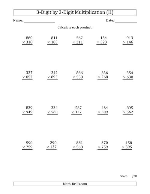 The Multiplying 3-Digit by 3-Digit Numbers with Space-Separated Thousands (H) Math Worksheet