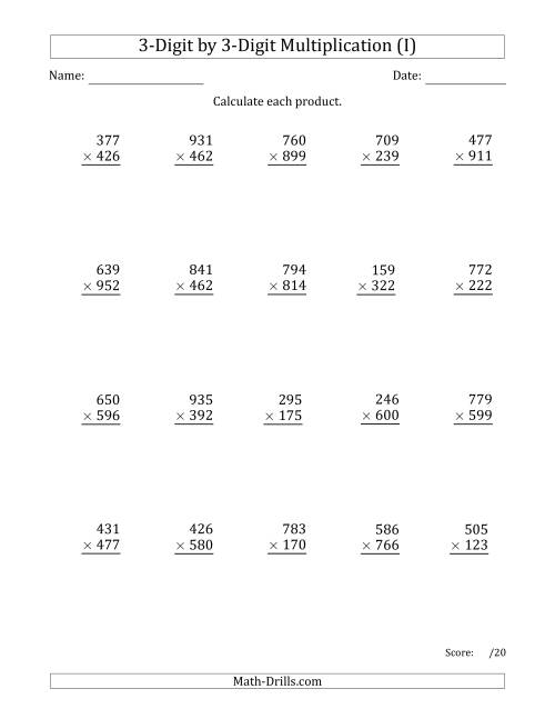 The Multiplying 3-Digit by 3-Digit Numbers with Space-Separated Thousands (I) Math Worksheet