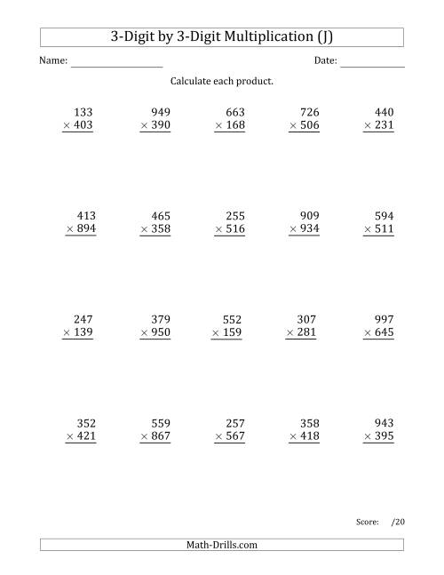 The Multiplying 3-Digit by 3-Digit Numbers with Space-Separated Thousands (J) Math Worksheet