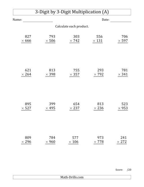 The Multiplying 3-Digit by 3-Digit Numbers with Space-Separated Thousands (All) Math Worksheet