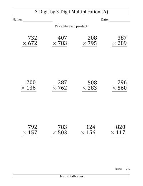 The Multiplying 3-Digit by 3-Digit Numbers (Large Print) with Space-Separated Thousands (A) Math Worksheet
