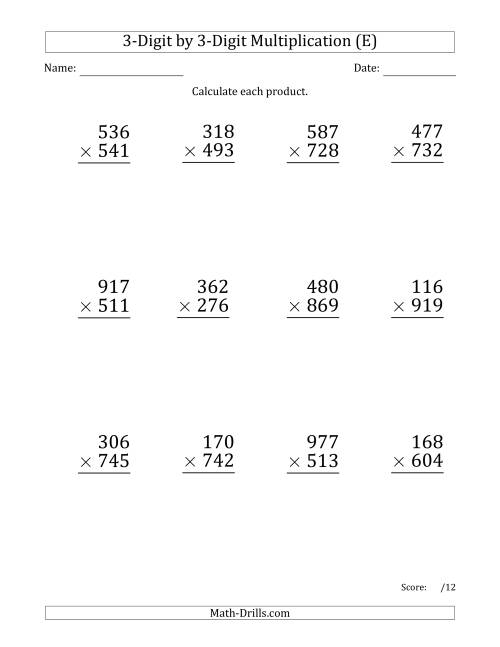 The Multiplying 3-Digit by 3-Digit Numbers (Large Print) with Space-Separated Thousands (E) Math Worksheet