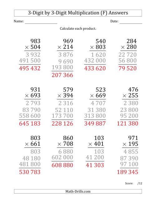 The Multiplying 3-Digit by 3-Digit Numbers (Large Print) with Space-Separated Thousands (F) Math Worksheet Page 2