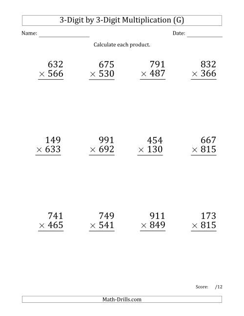 The Multiplying 3-Digit by 3-Digit Numbers (Large Print) with Space-Separated Thousands (G) Math Worksheet
