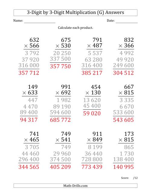 The Multiplying 3-Digit by 3-Digit Numbers (Large Print) with Space-Separated Thousands (G) Math Worksheet Page 2