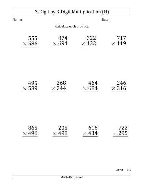 The Multiplying 3-Digit by 3-Digit Numbers (Large Print) with Space-Separated Thousands (H) Math Worksheet