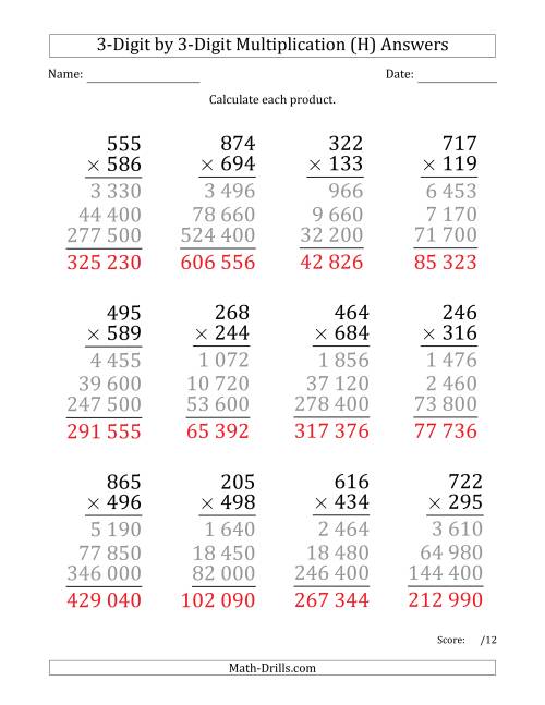 The Multiplying 3-Digit by 3-Digit Numbers (Large Print) with Space-Separated Thousands (H) Math Worksheet Page 2