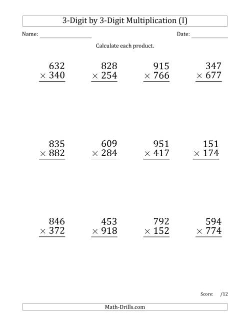 The Multiplying 3-Digit by 3-Digit Numbers (Large Print) with Space-Separated Thousands (I) Math Worksheet