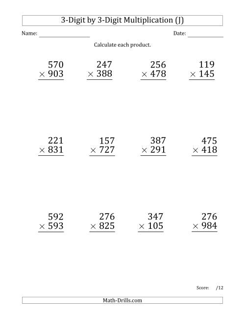 The Multiplying 3-Digit by 3-Digit Numbers (Large Print) with Space-Separated Thousands (J) Math Worksheet