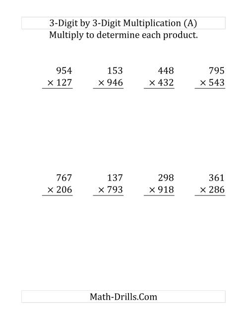 The 3-Digit by 3-Digit Multiplication (SI Version) (Large Print) Math Worksheet