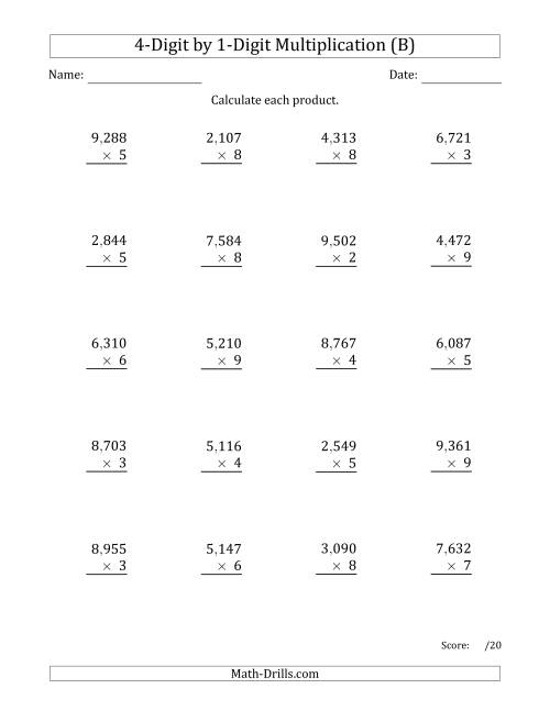 The Multiplying 4-Digit by 1-Digit Numbers with Comma-Separated Thousands (B) Math Worksheet