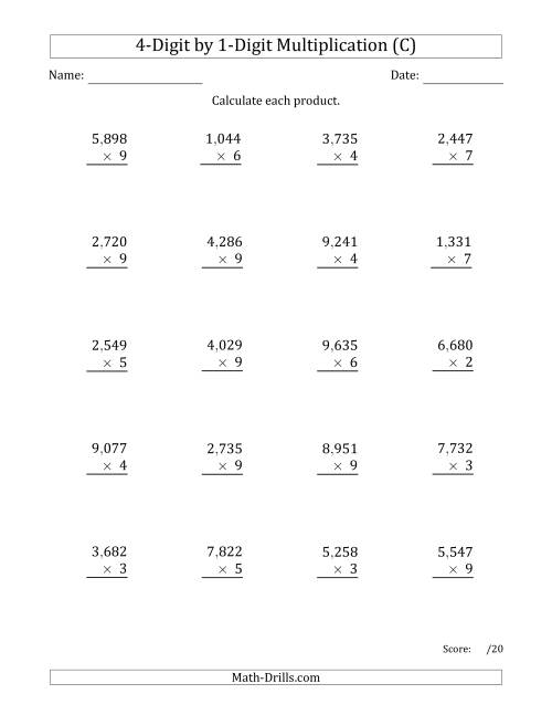 The Multiplying 4-Digit by 1-Digit Numbers with Comma-Separated Thousands (C) Math Worksheet