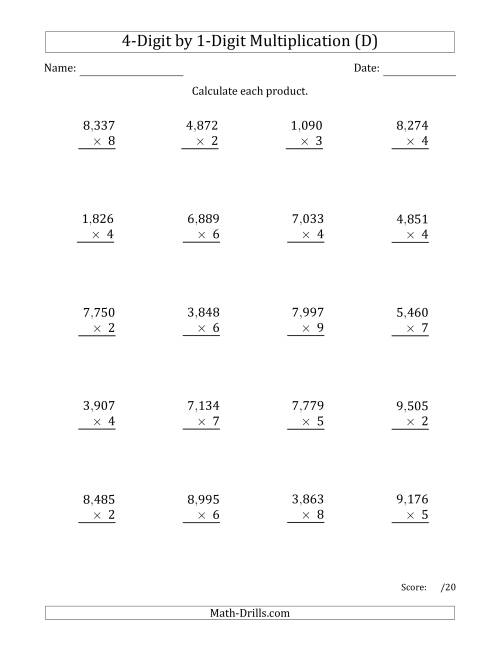 The Multiplying 4-Digit by 1-Digit Numbers with Comma-Separated Thousands (D) Math Worksheet