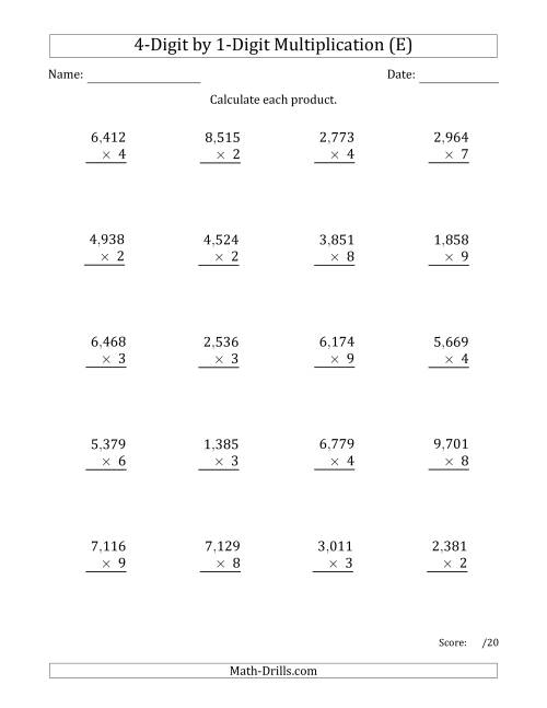 The Multiplying 4-Digit by 1-Digit Numbers with Comma-Separated Thousands (E) Math Worksheet