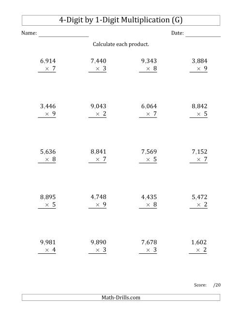 The Multiplying 4-Digit by 1-Digit Numbers with Comma-Separated Thousands (G) Math Worksheet