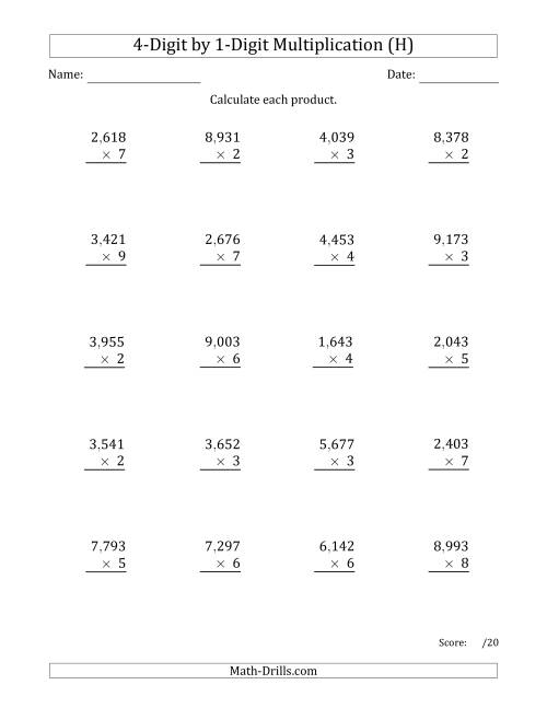 The Multiplying 4-Digit by 1-Digit Numbers with Comma-Separated Thousands (H) Math Worksheet