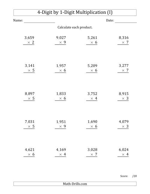 The Multiplying 4-Digit by 1-Digit Numbers with Comma-Separated Thousands (I) Math Worksheet