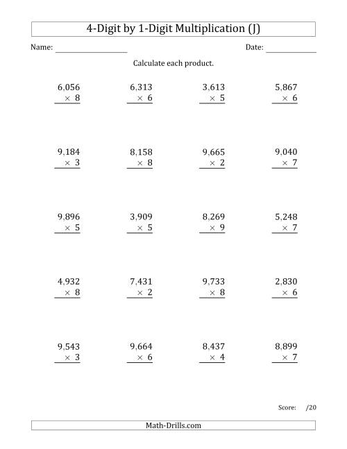 The Multiplying 4-Digit by 1-Digit Numbers with Comma-Separated Thousands (J) Math Worksheet