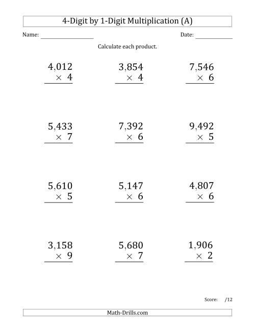 Multiplying 4 Digit By 1 Digit Numbers Large Print With Comma Separated Thousands A Long 