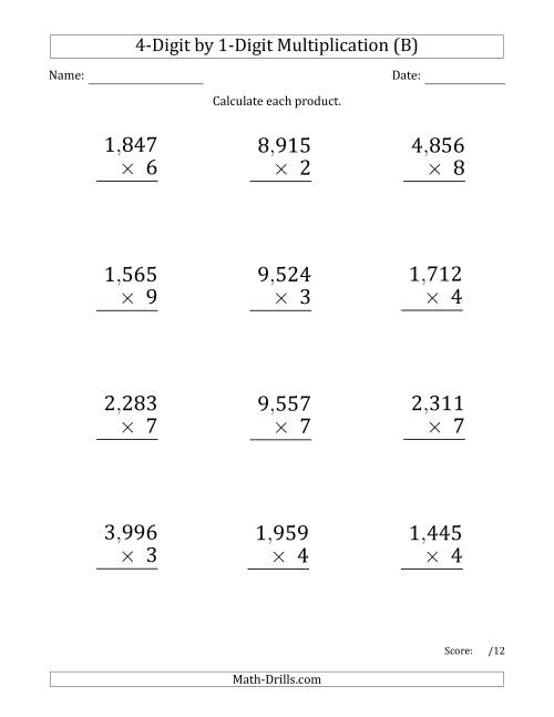 The Multiplying 4-Digit by 1-Digit Numbers (Large Print) with Comma-Separated Thousands (B) Math Worksheet