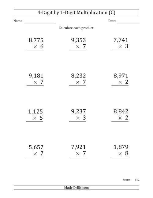 The Multiplying 4-Digit by 1-Digit Numbers (Large Print) with Comma-Separated Thousands (C) Math Worksheet