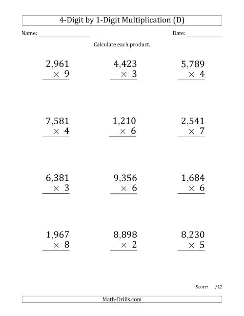The Multiplying 4-Digit by 1-Digit Numbers (Large Print) with Comma-Separated Thousands (D) Math Worksheet