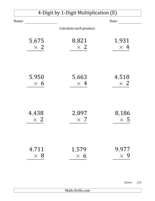 The Multiplying 4-Digit by 1-Digit Numbers (Large Print) with Comma-Separated Thousands (E) Math Worksheet