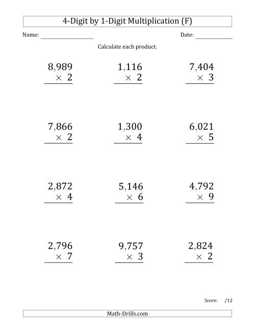 The Multiplying 4-Digit by 1-Digit Numbers (Large Print) with Comma-Separated Thousands (F) Math Worksheet