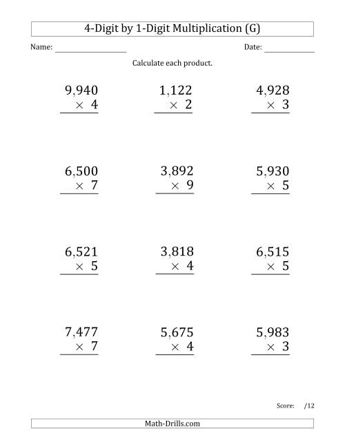 The Multiplying 4-Digit by 1-Digit Numbers (Large Print) with Comma-Separated Thousands (G) Math Worksheet