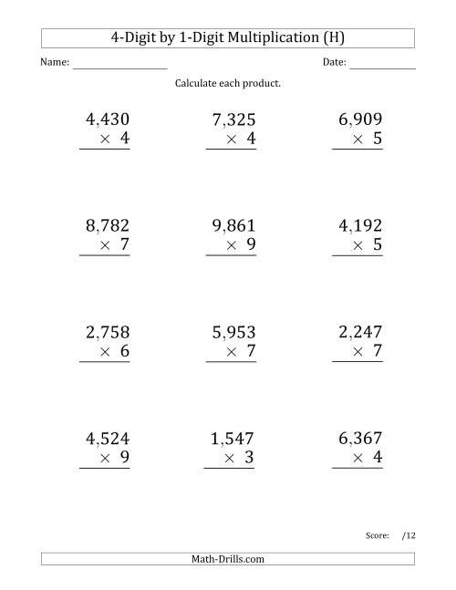 The Multiplying 4-Digit by 1-Digit Numbers (Large Print) with Comma-Separated Thousands (H) Math Worksheet
