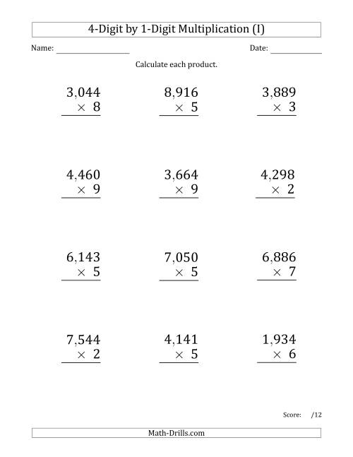 The Multiplying 4-Digit by 1-Digit Numbers (Large Print) with Comma-Separated Thousands (I) Math Worksheet