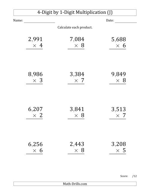 The Multiplying 4-Digit by 1-Digit Numbers (Large Print) with Comma-Separated Thousands (J) Math Worksheet
