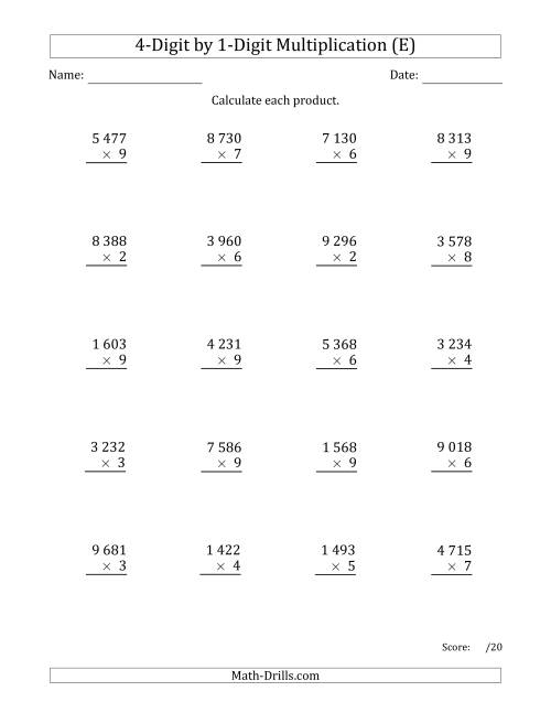 The Multiplying 4-Digit by 1-Digit Numbers with Space-Separated Thousands (E) Math Worksheet
